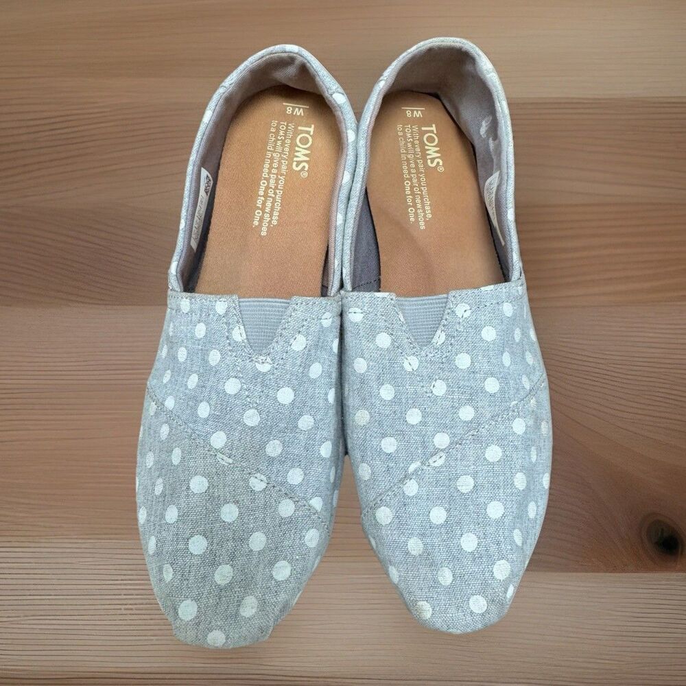 TOMS Alpargata Slip On Shoes Womens W8 Gray Polka Dot Canvas Casual Flats